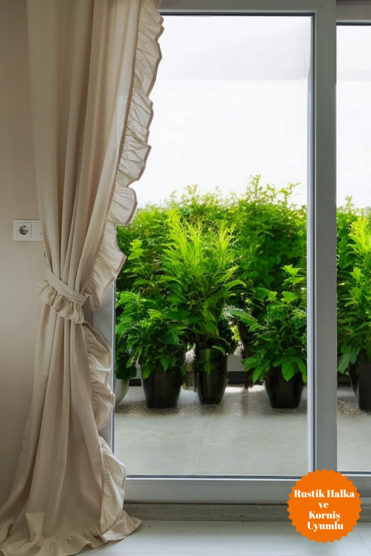 Fırfırlı Düz Bej Vintage Keten Perde (EN X BOY) - Tek Kanat - Bağcık Hediyeli