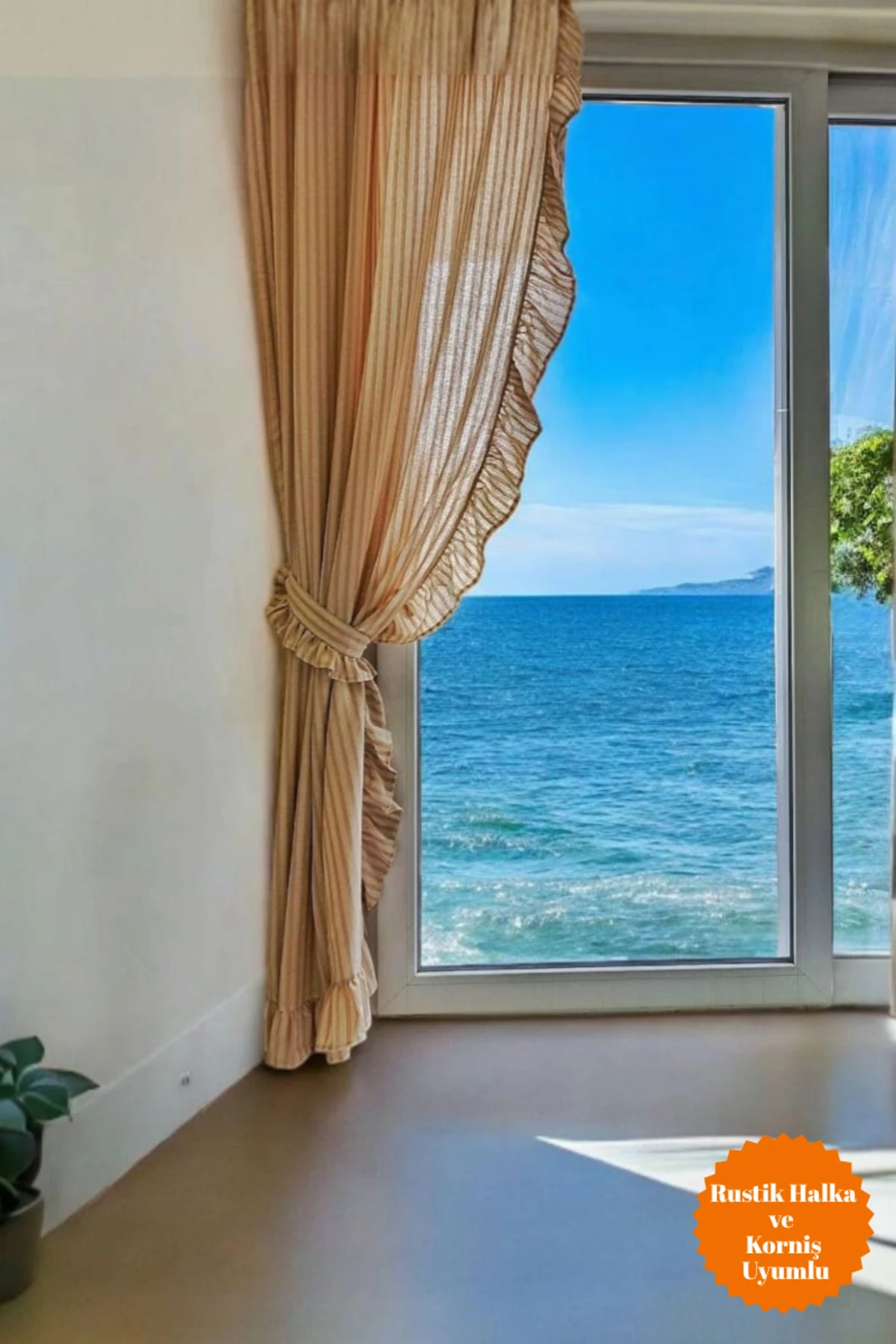 2 Kenar Fırfırlı Sütlü Kahve Şeritli Vintage Keten Perde (EN X BOY) - Tek Kanat - Bağcık Hediyeli