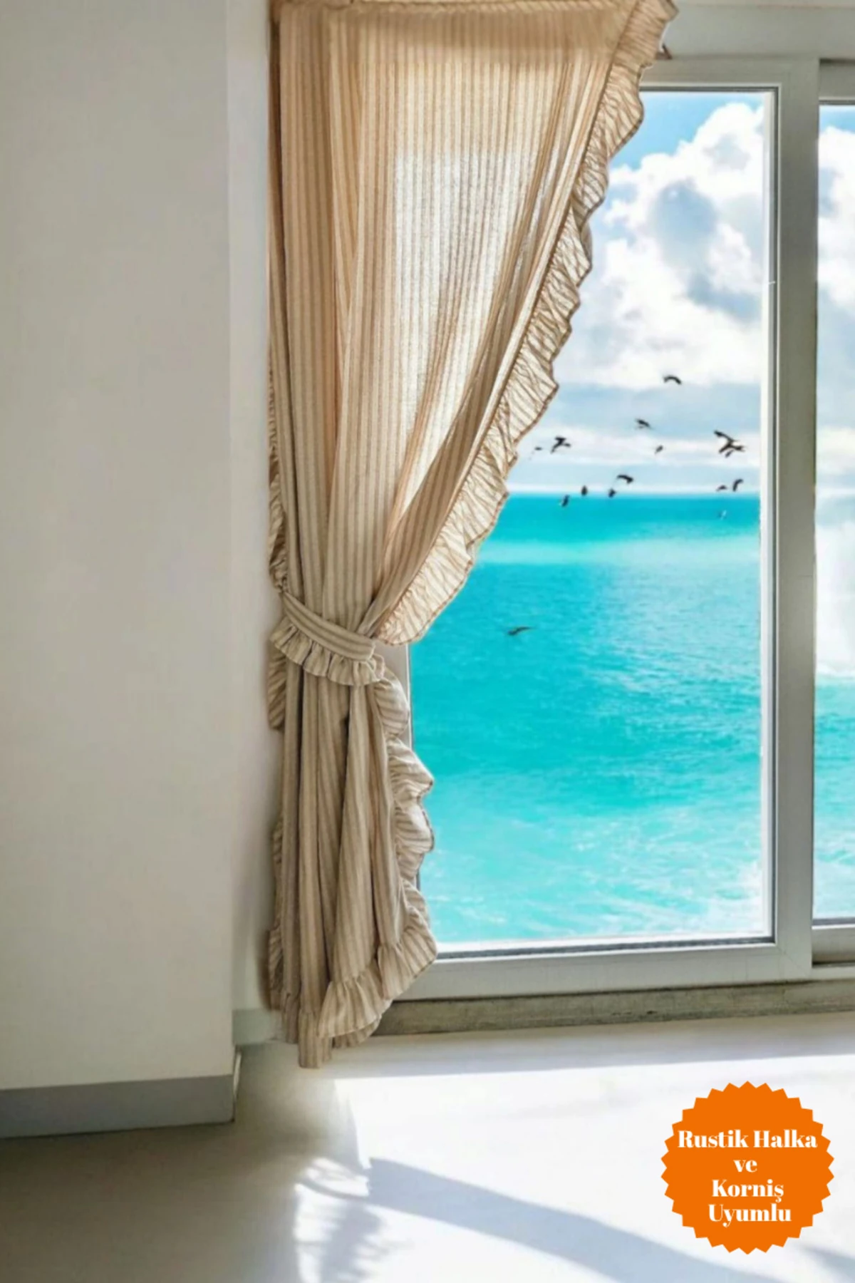 3 Kenar Fırfırlı Sütlü Kahve Şerit Desenli Keten Perde (EN X BOY) - Pilesiz - Bağcık Hediyeli