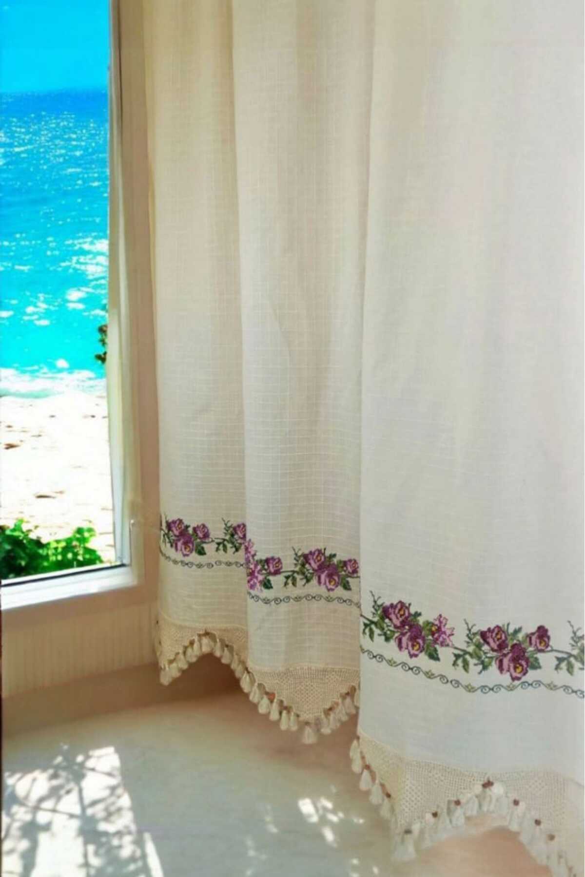 Mor Kanaviçe Işlemeli Monika Perde (EN X BOY) - Pilesiz