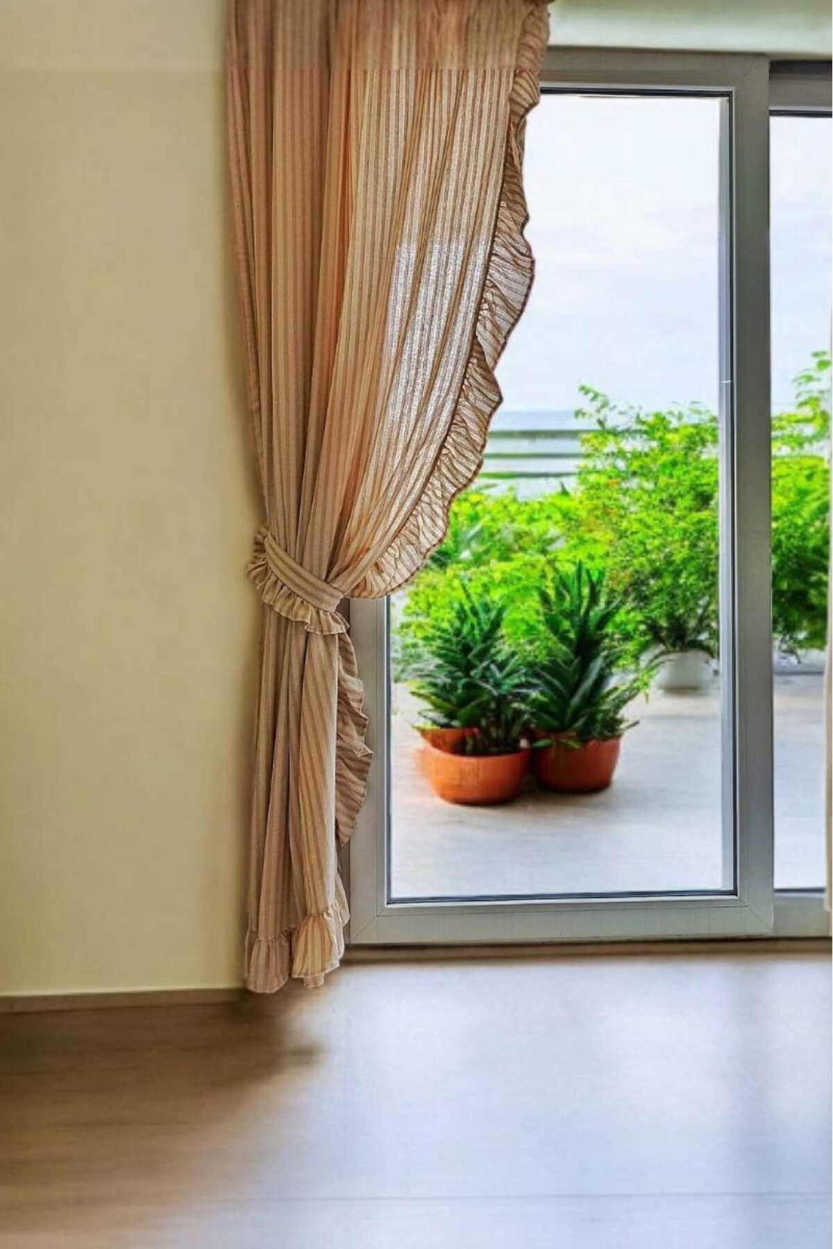 2 kenar Fırfırlı RUSTİK BORU Sütlü Kahve Şeritli Vintage Keten Perde - Bağcık Hediyeli - (EN X BOY)