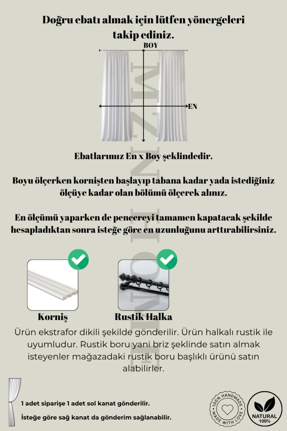 %100 Pamuk Düz Bej Etek Ucu Fırfırlı Keten Perde (EN X BOY) - Tek Kanat