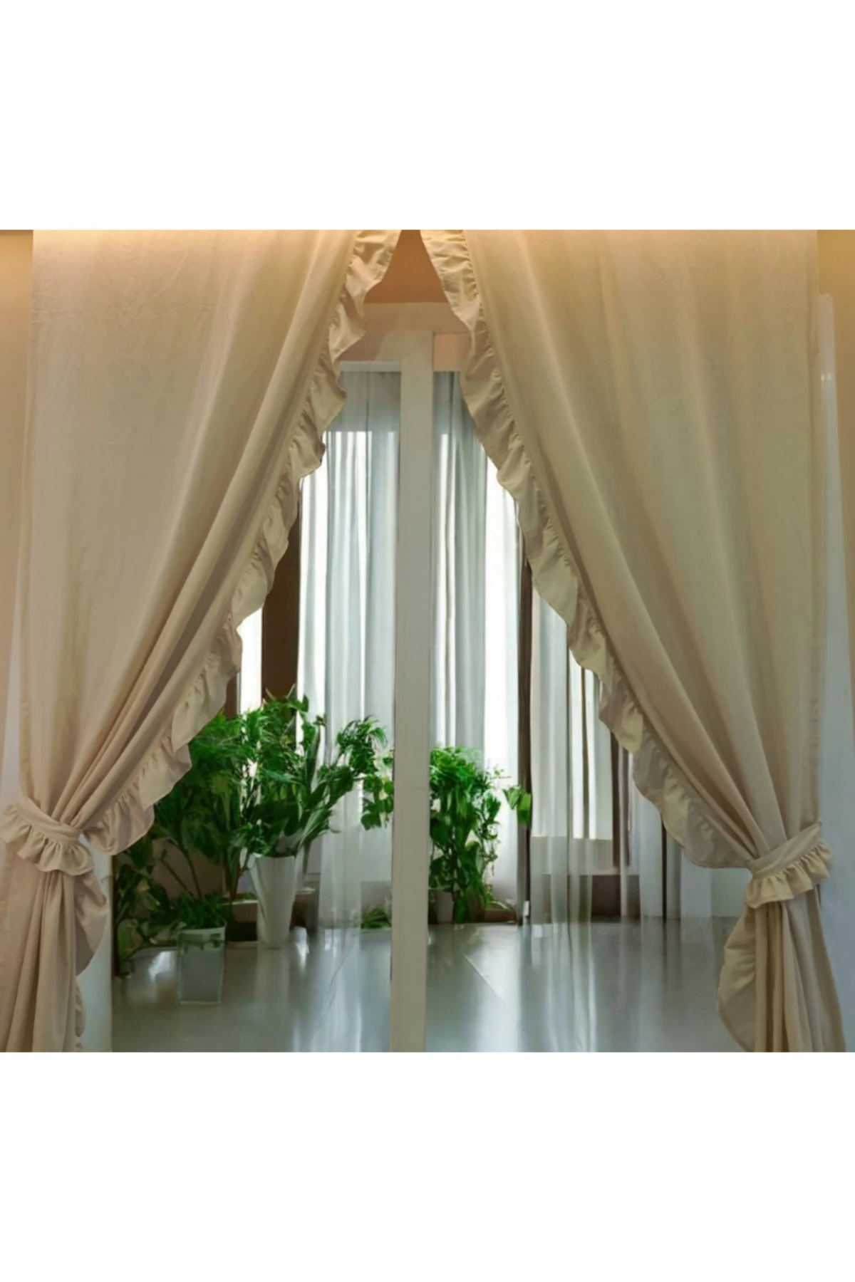 Fırfırlı Düz Bej Vintage Keten Perde (EN X BOY) - Tek Kanat - Bağcık Hediyeli