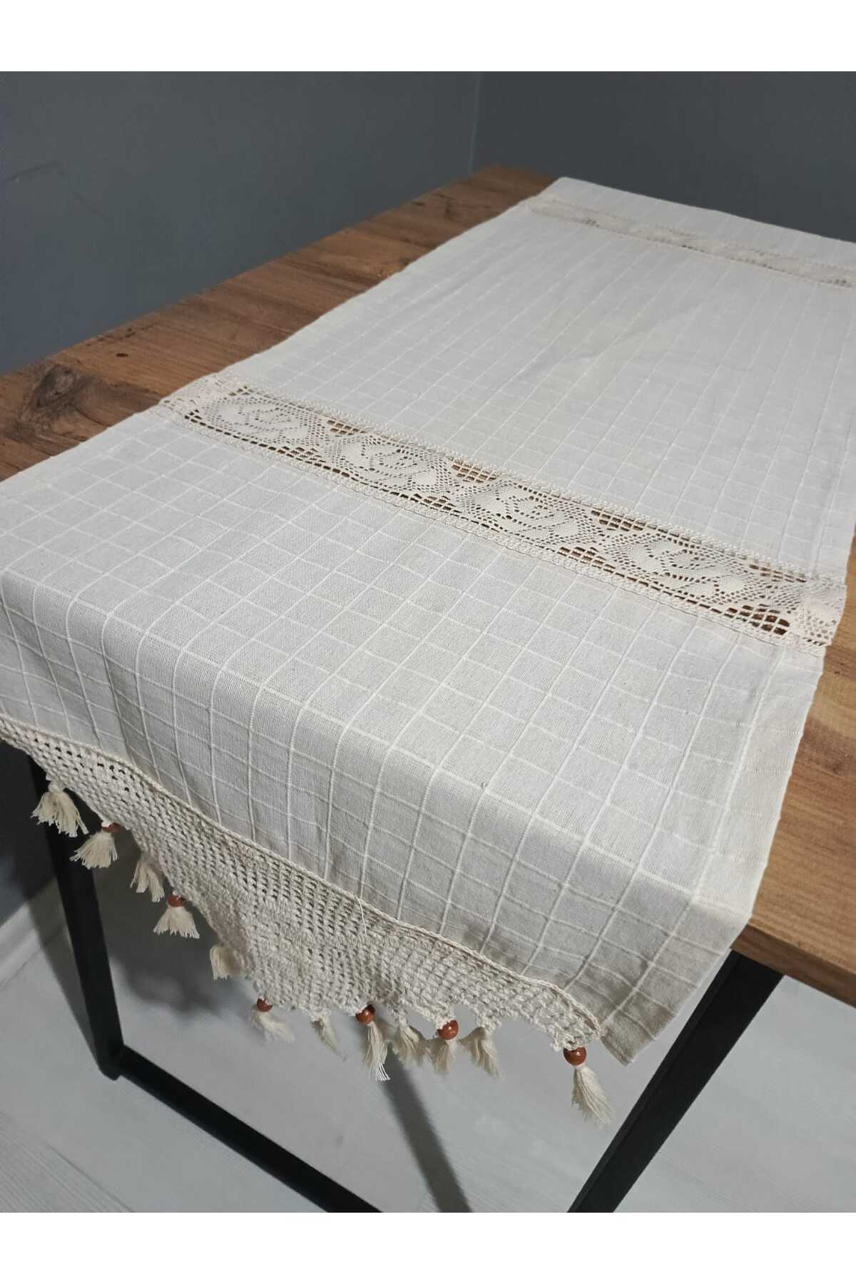 2 Kenar El Dantel ve 2 Ara Gül Monika Runner 50x150