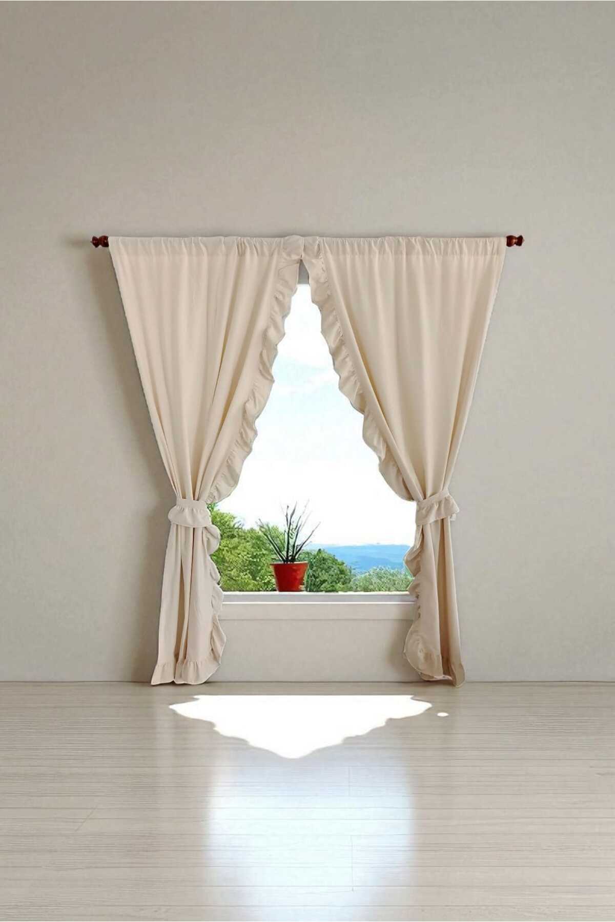 2 kenar Fırfırlı RUSTİK BORU Bej Vintage Keten Perde - Bağcık Hediyeli - (EN X BOY)