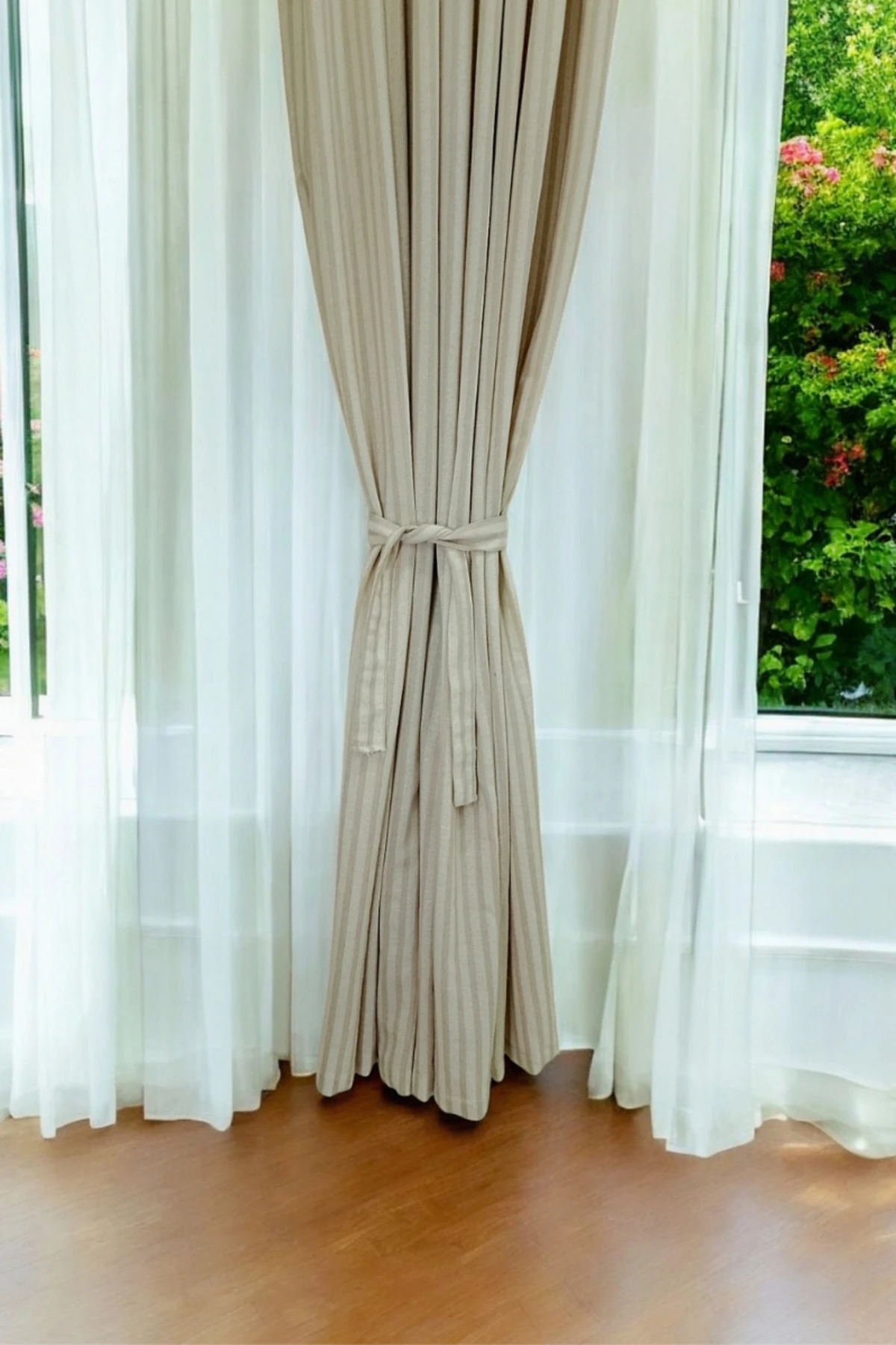 %100 Doğal Pamuk Sütlü Kahve Şerit Desenli Keten Perde (EN X BOY) - Bağcık Hediyeli