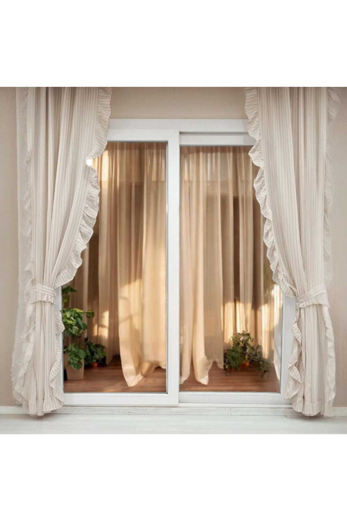 3 kenar Fırfırlı RUSTİK BORU Sütlü Kahve Şeritli Vintage Keten Perde - Bağcık Hediyeli - (EN X BOY)