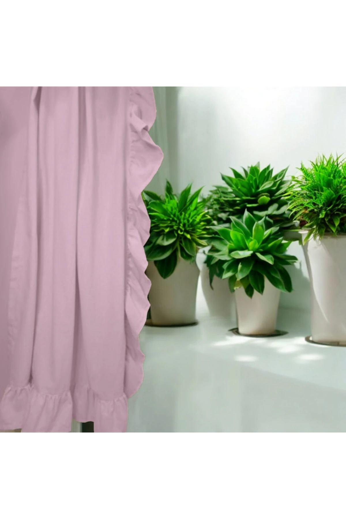 Fırfırlı Pembe Renk Vintage Keten Perde (EN X BOY) - Tek Kanat - Bağcık Hediyeli