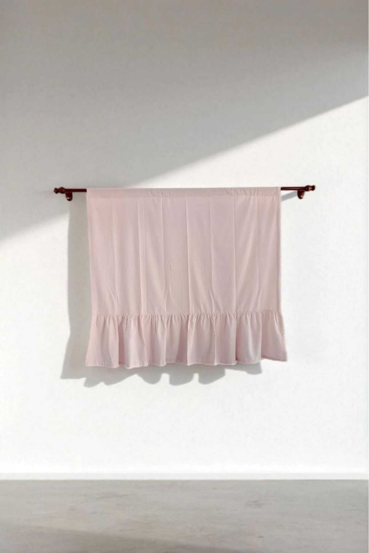 Etekucu Fırfırlı RUSTİK BORU Pembe Vintage Keten Perde - Bağcık Hediyeli - (EN X BOY)
