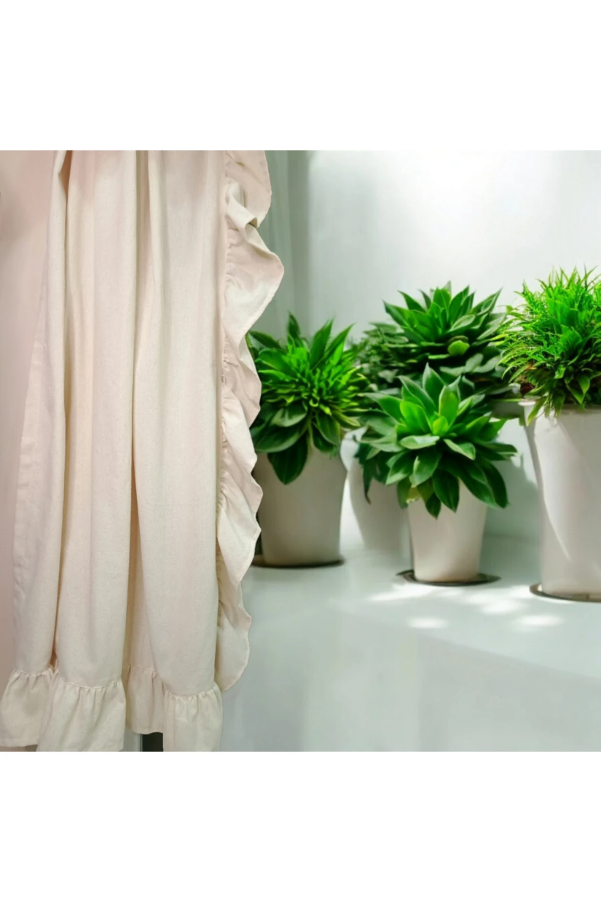 Fırfırlı Düz Bej Vintage Keten Perde (EN X BOY) - Tek Kanat - Bağcık Hediyeli