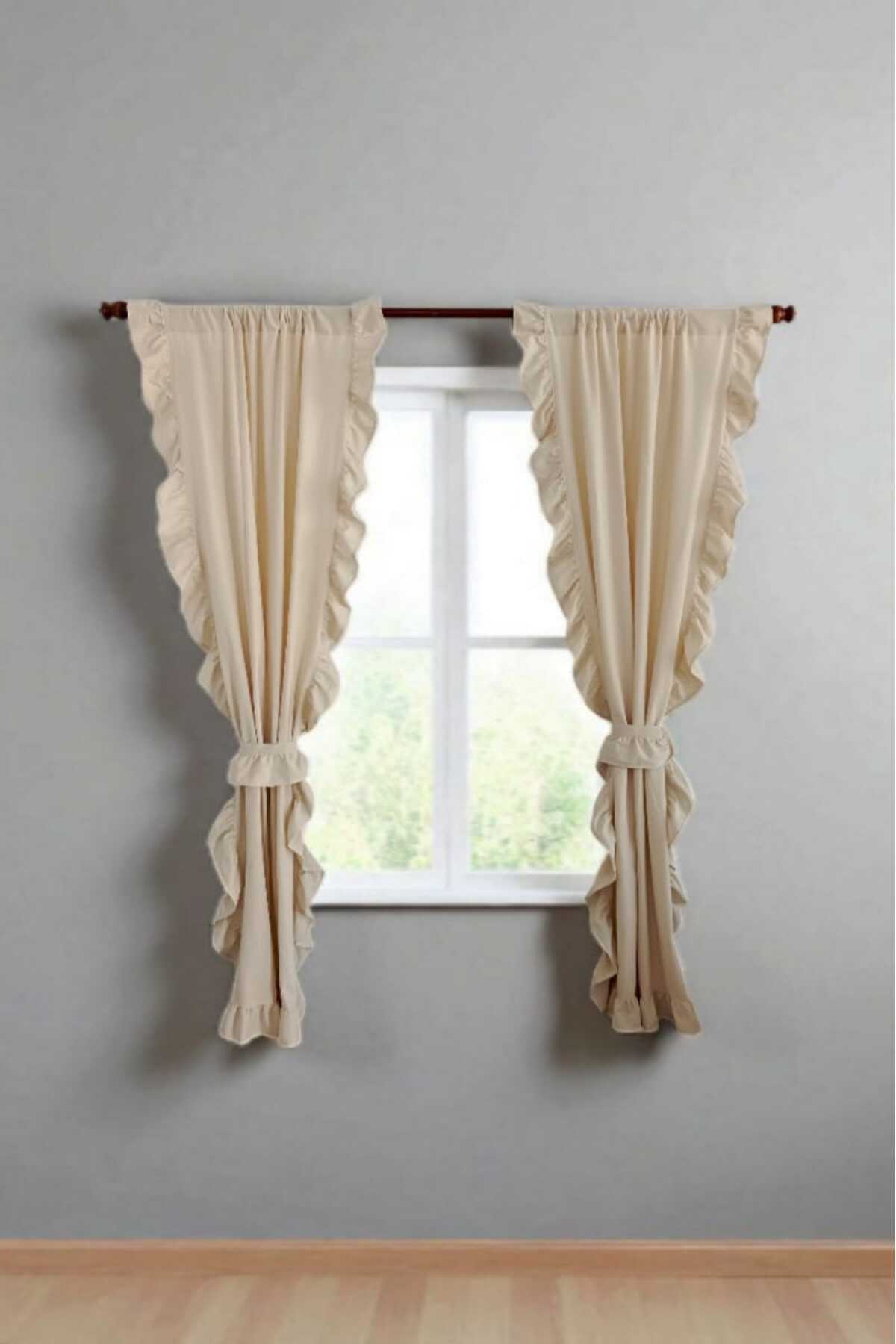 3 kenar Fırfırlı RUSTİK BORU Bej Vintage Keten Perde - Bağcık Hediyeli - (EN X BOY)