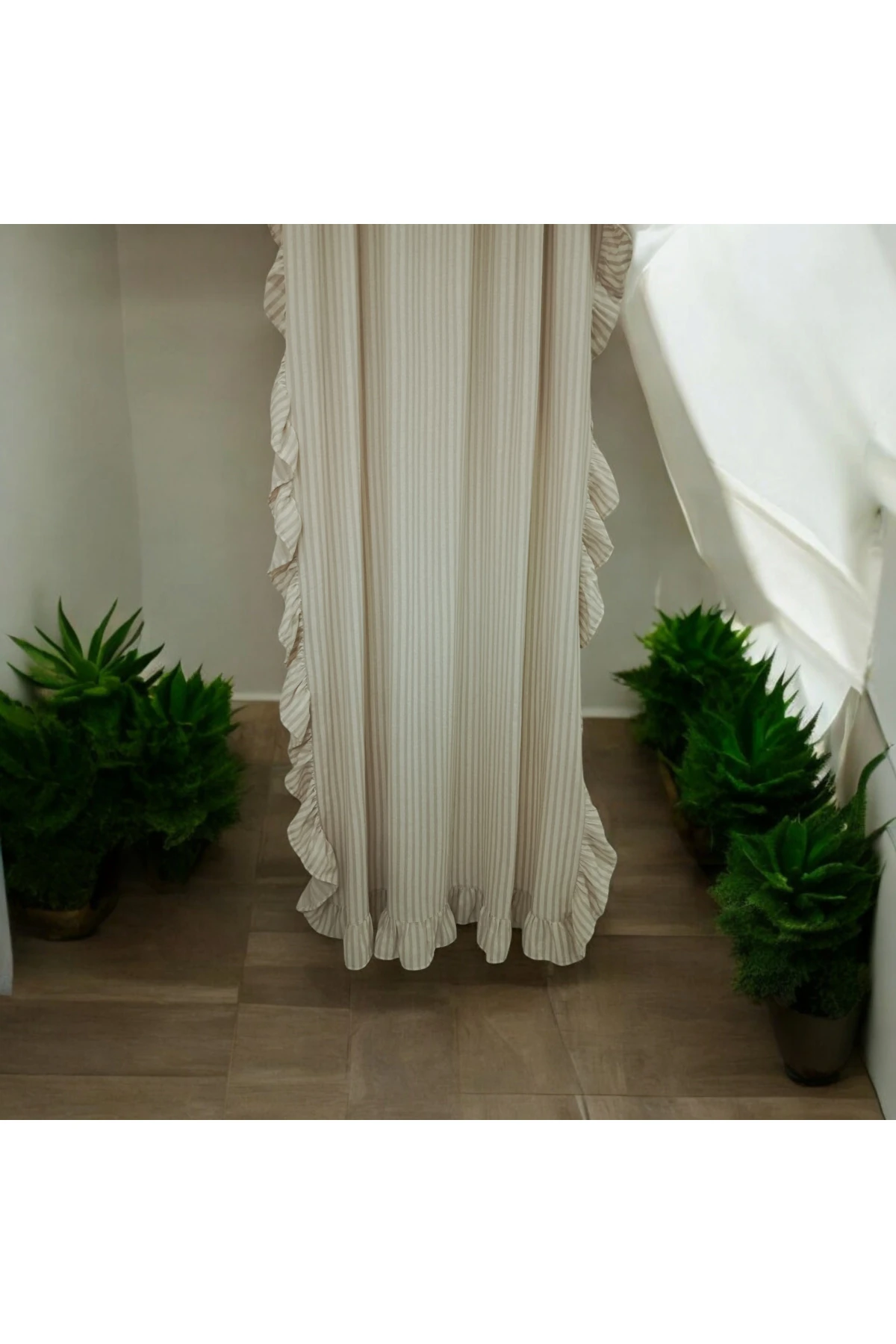 3 kenar Fırfırlı RUSTİK BORU Sütlü Kahve Şeritli Vintage Keten Perde - Bağcık Hediyeli - (EN X BOY)