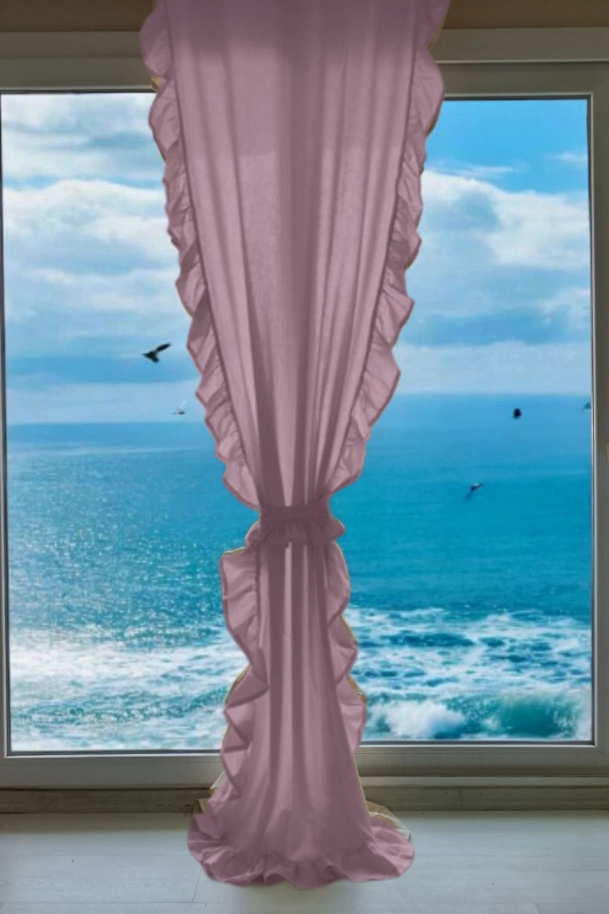 3 Kenar Fırfırlı Pembe Renk Vintage Keten Perde (EN X BOY) - Tek Kanat - Bağcık Hediyeli - Pilesiz