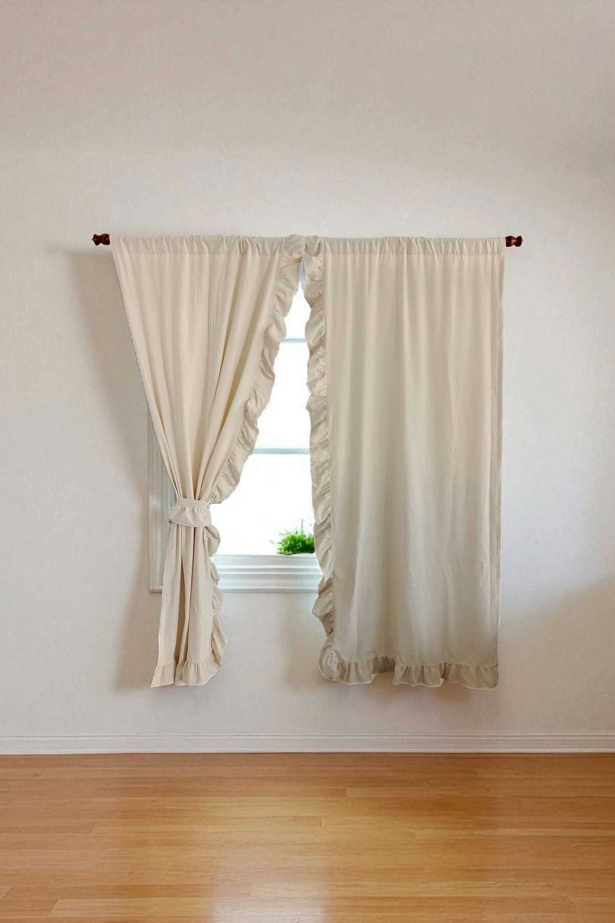 2 kenar Fırfırlı RUSTİK BORU Bej Vintage Keten Perde - Bağcık Hediyeli - (EN X BOY)