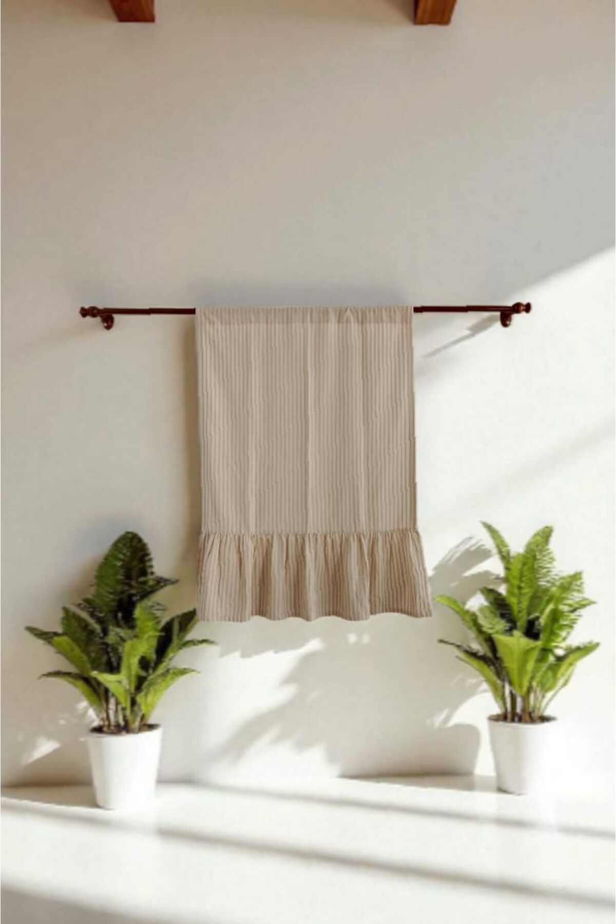 Etekucu Fırfırlı RUSTİK BORU Sütlü Kahve Şeritli Vintage Keten Perde - Bağcık Hediyeli - (EN X BOY)