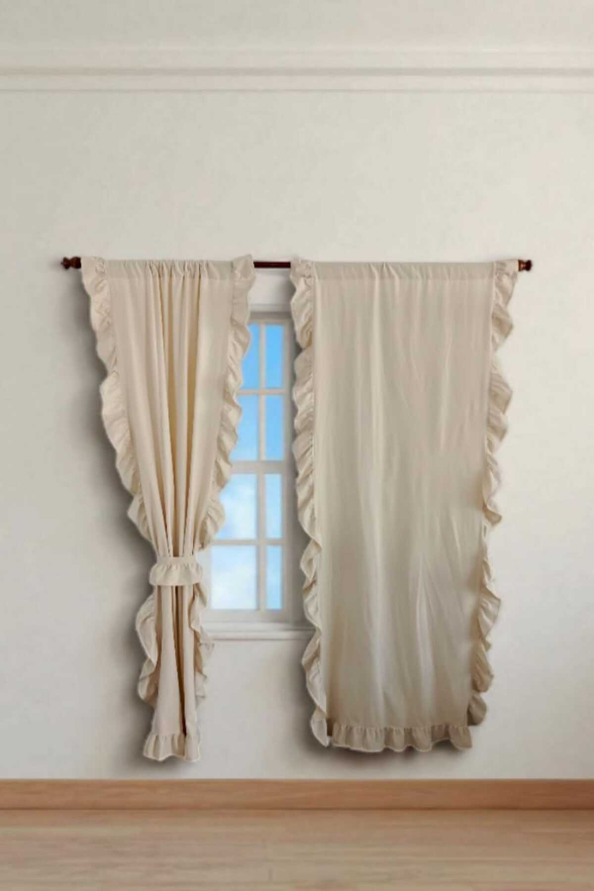 3 kenar Fırfırlı RUSTİK BORU Bej Vintage Keten Perde - Bağcık Hediyeli - (EN X BOY)