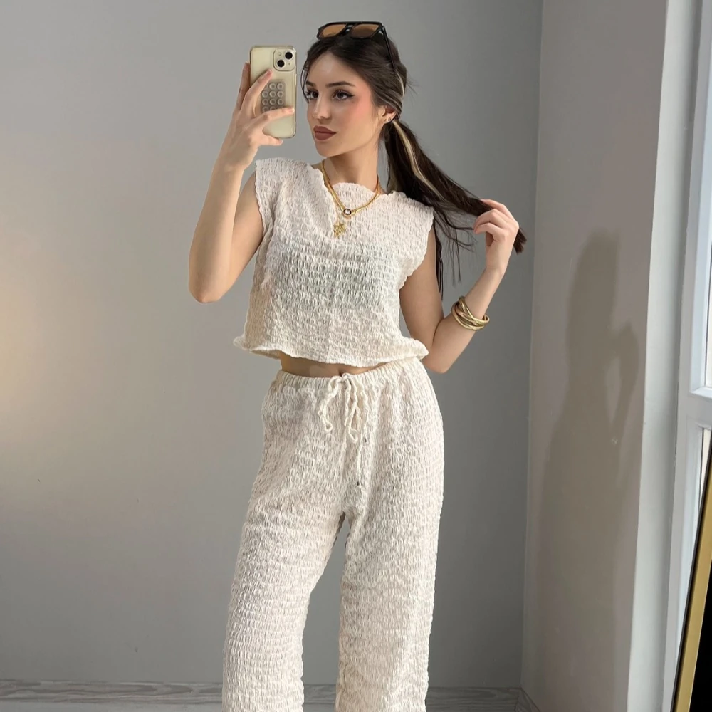 Kadın Krem Renk Şardonlu Dokulu İkili Takım