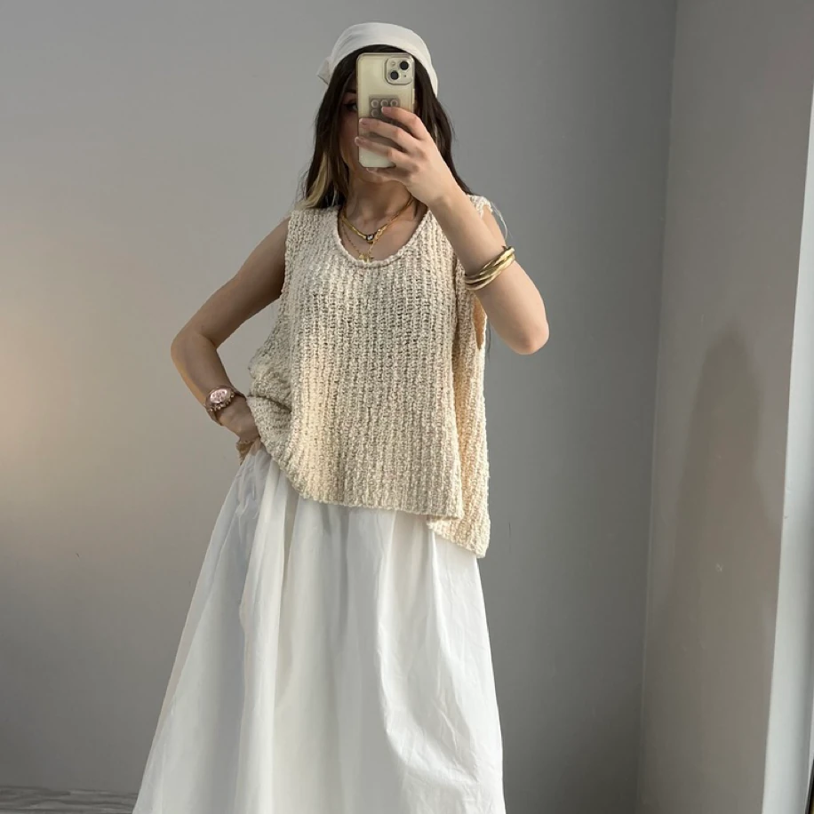 Knitle Rahat Kalıp Triko Crop - Bej