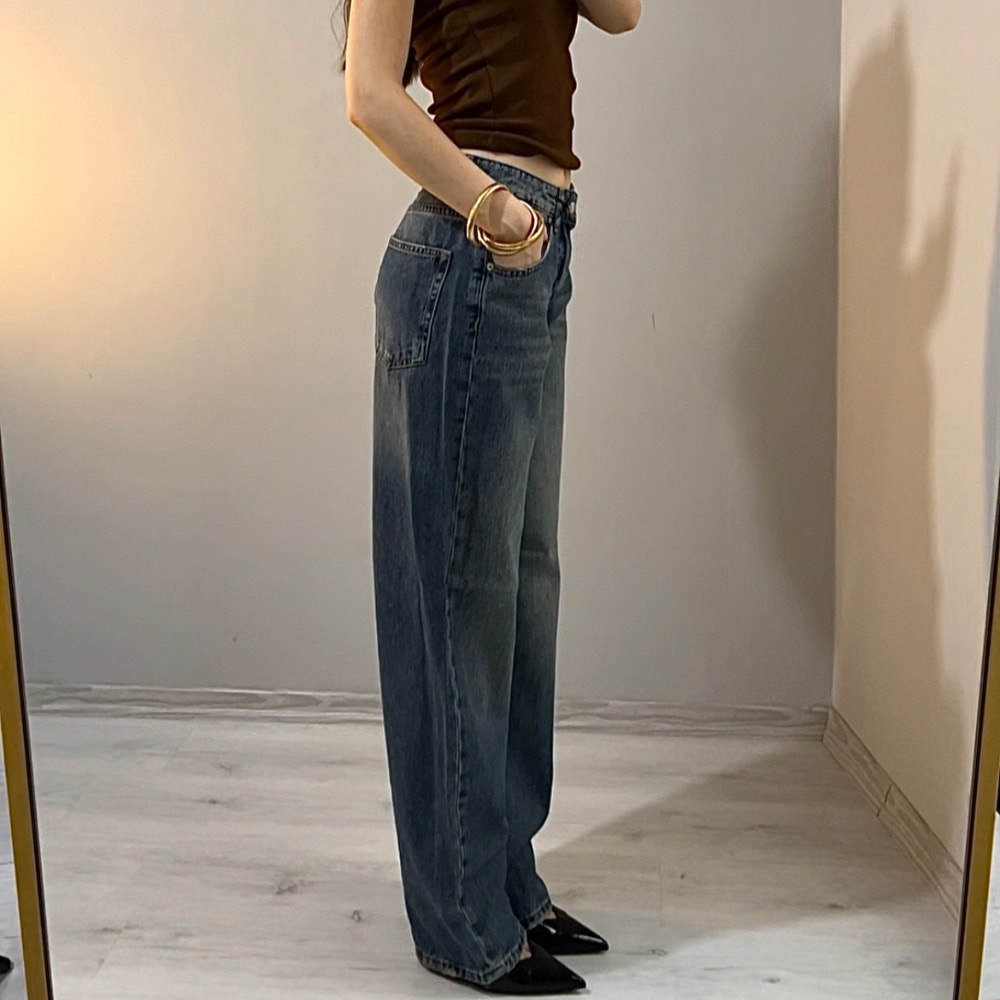 Yüksek Bel Bol Paça Jean Pantolon