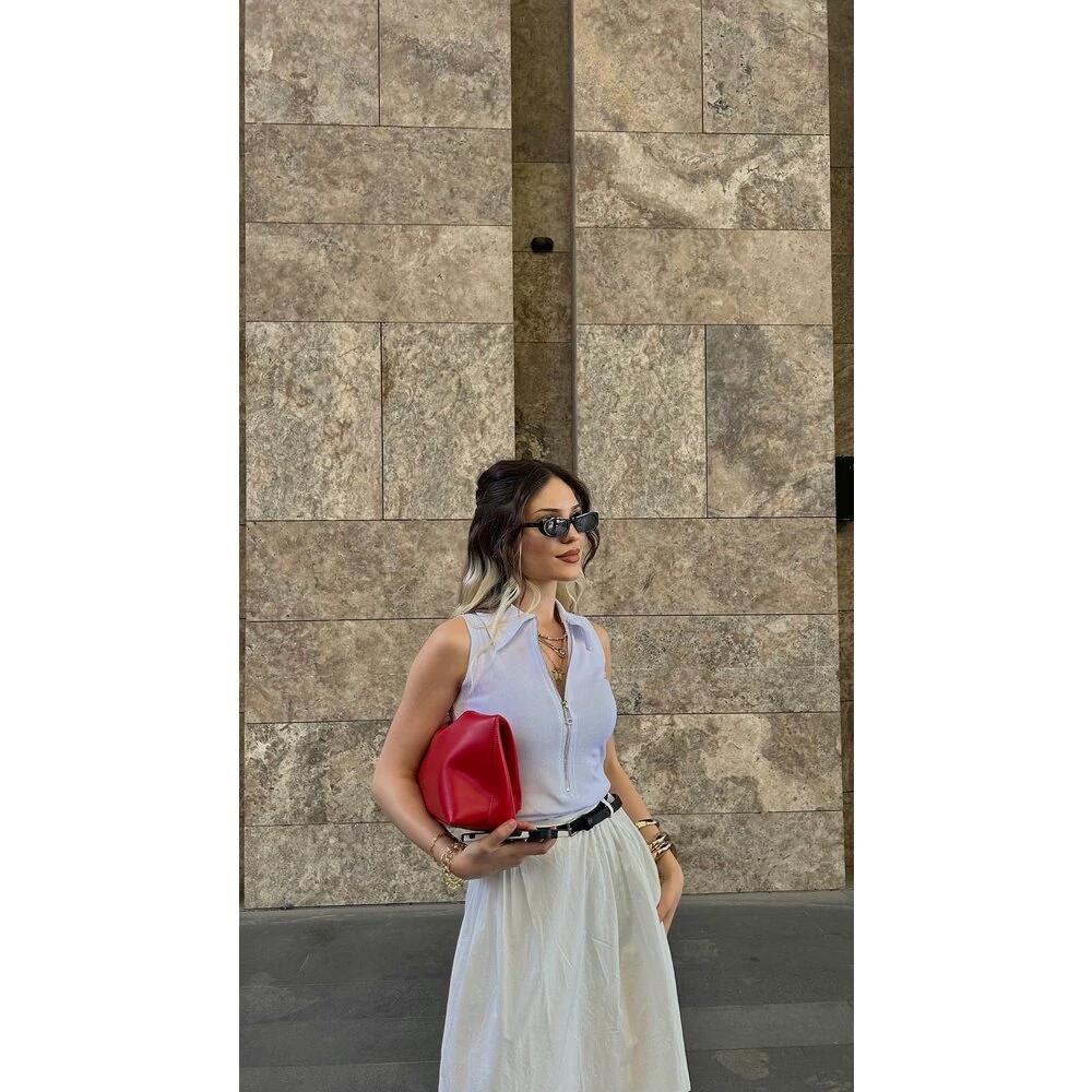 Fermuarlı Polo Yaka Body - Beyaz