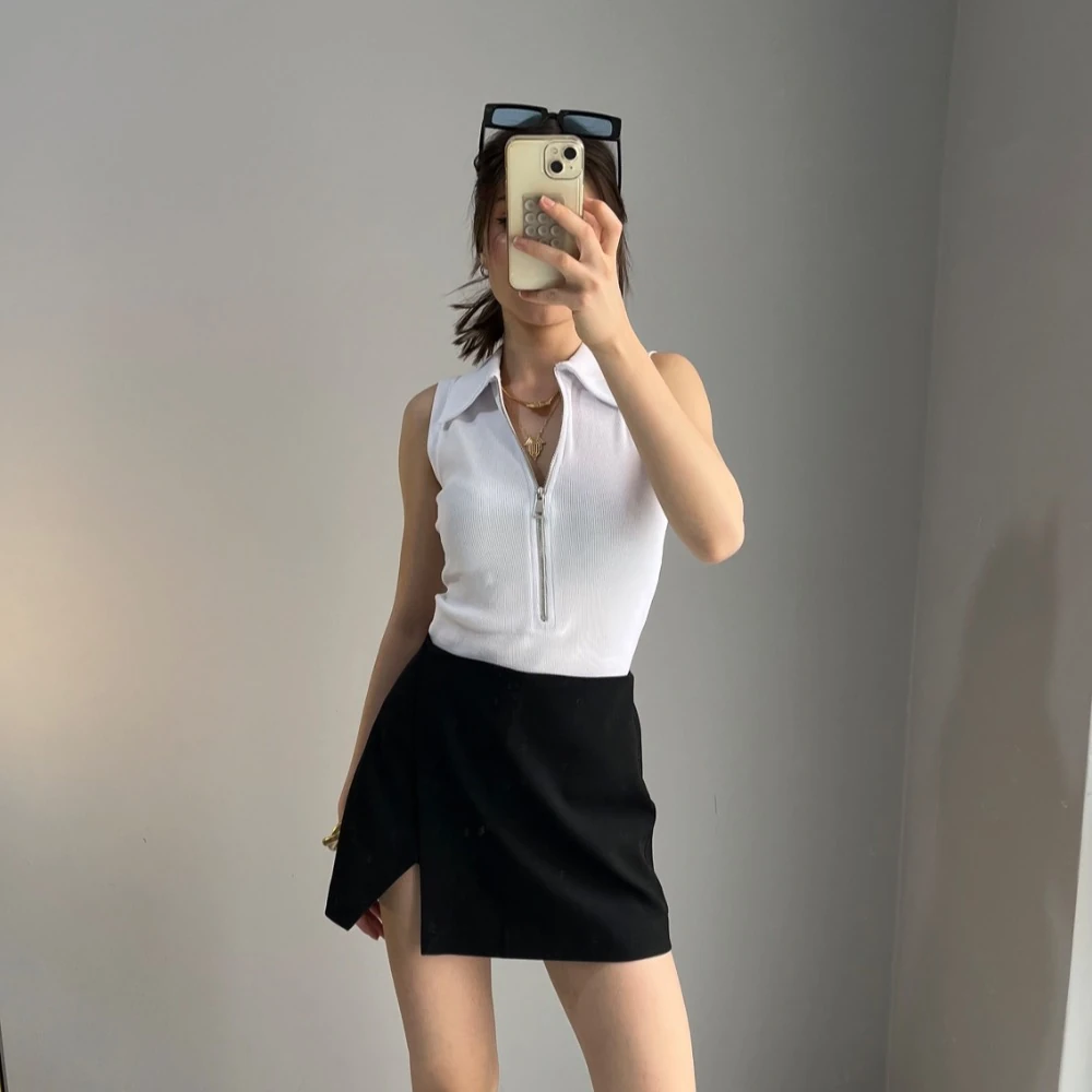 Fermuarlı Polo Yaka Body - Beyaz