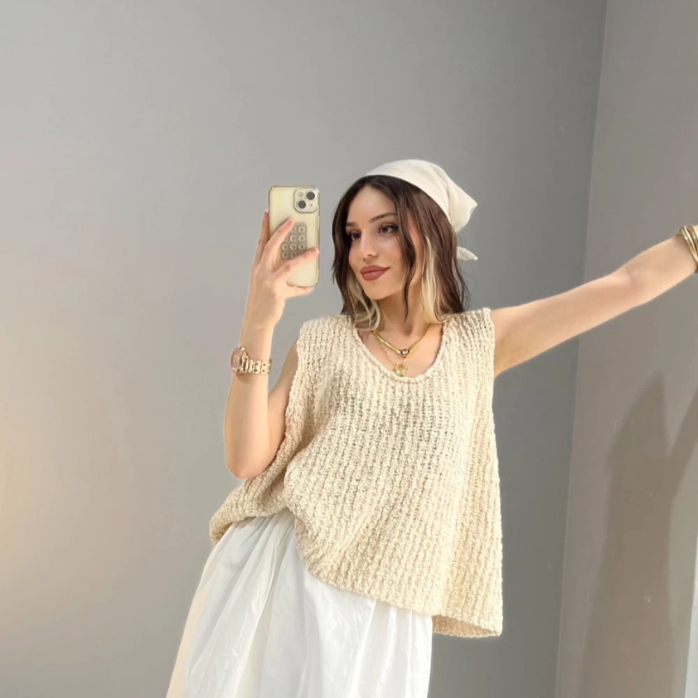 Knitle Rahat Kalıp Triko Crop - Bej