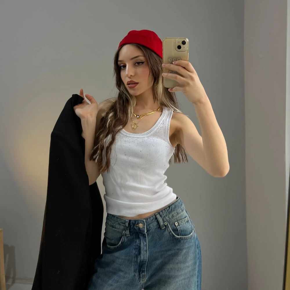 Dağınık Taşlı Atlet - Beyaz