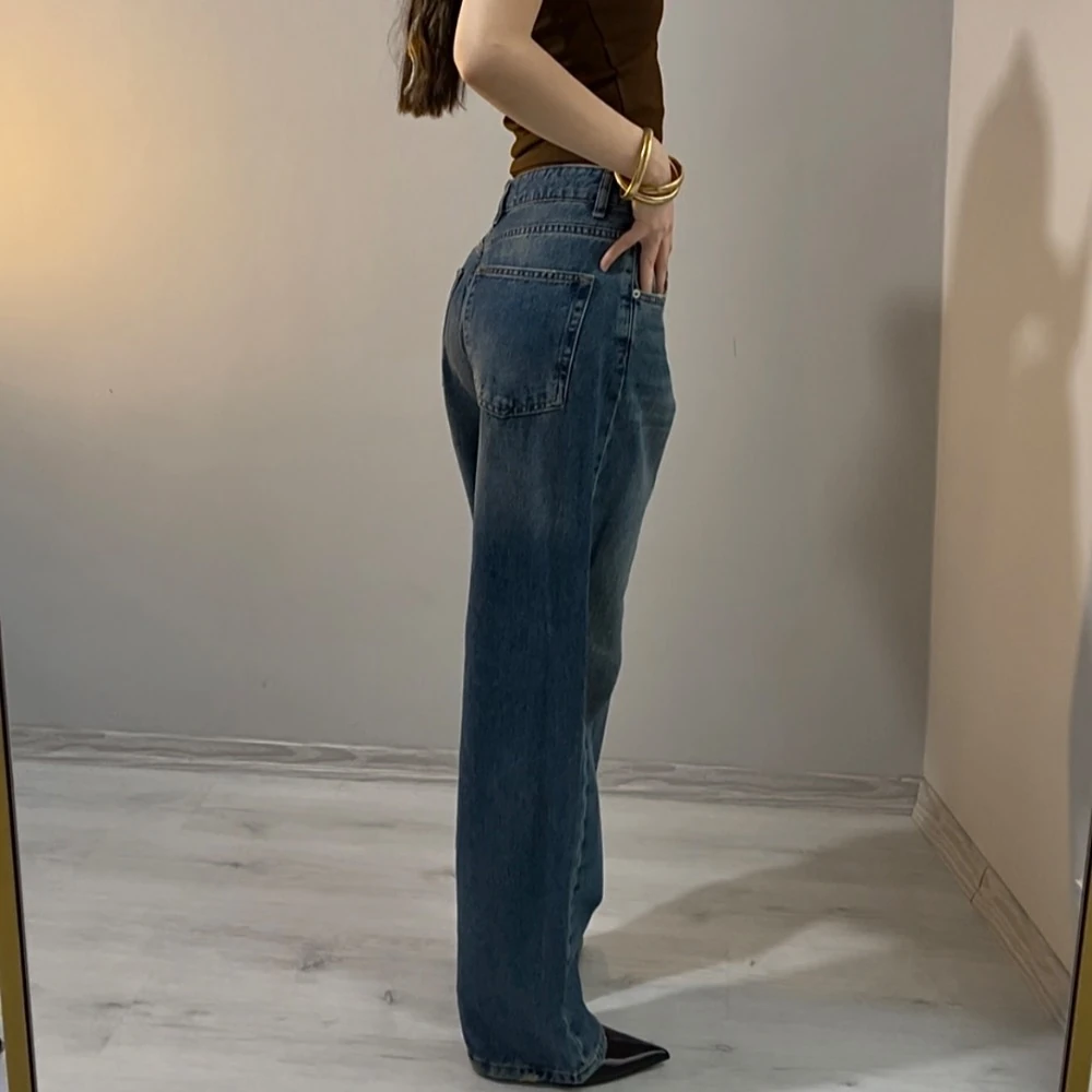 Yüksek Bel Bol Paça Jean Pantolon