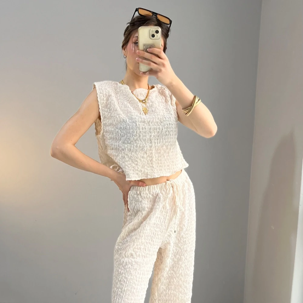 Kadın Krem Renk Şardonlu Dokulu İkili Takım