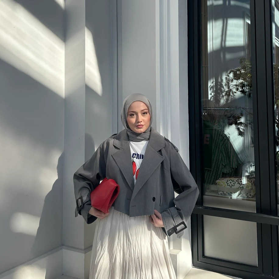 Koyu Gri Kısa Trençkot