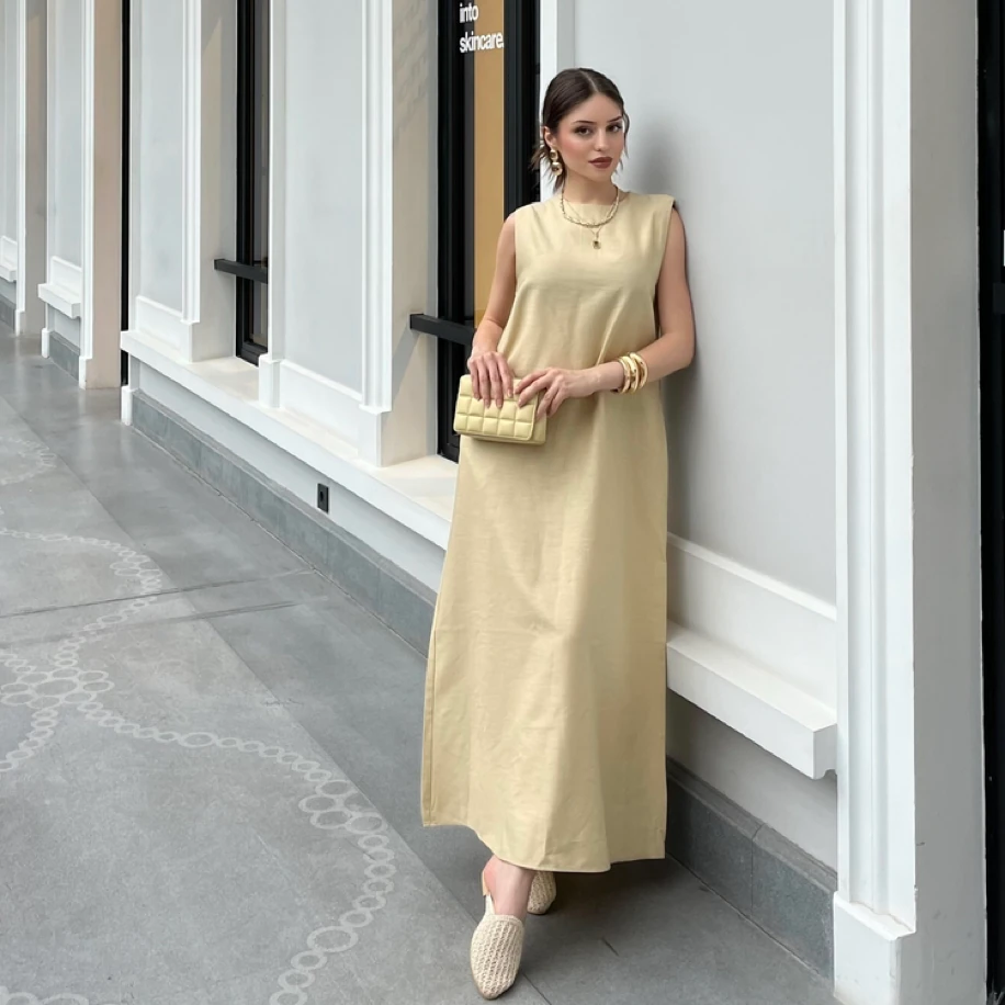 Lyocell Keten Sıfır Kol Kum Beji Elbise