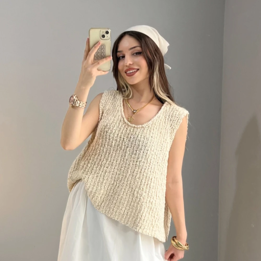 Knitle Rahat Kalıp Triko Crop - Bej