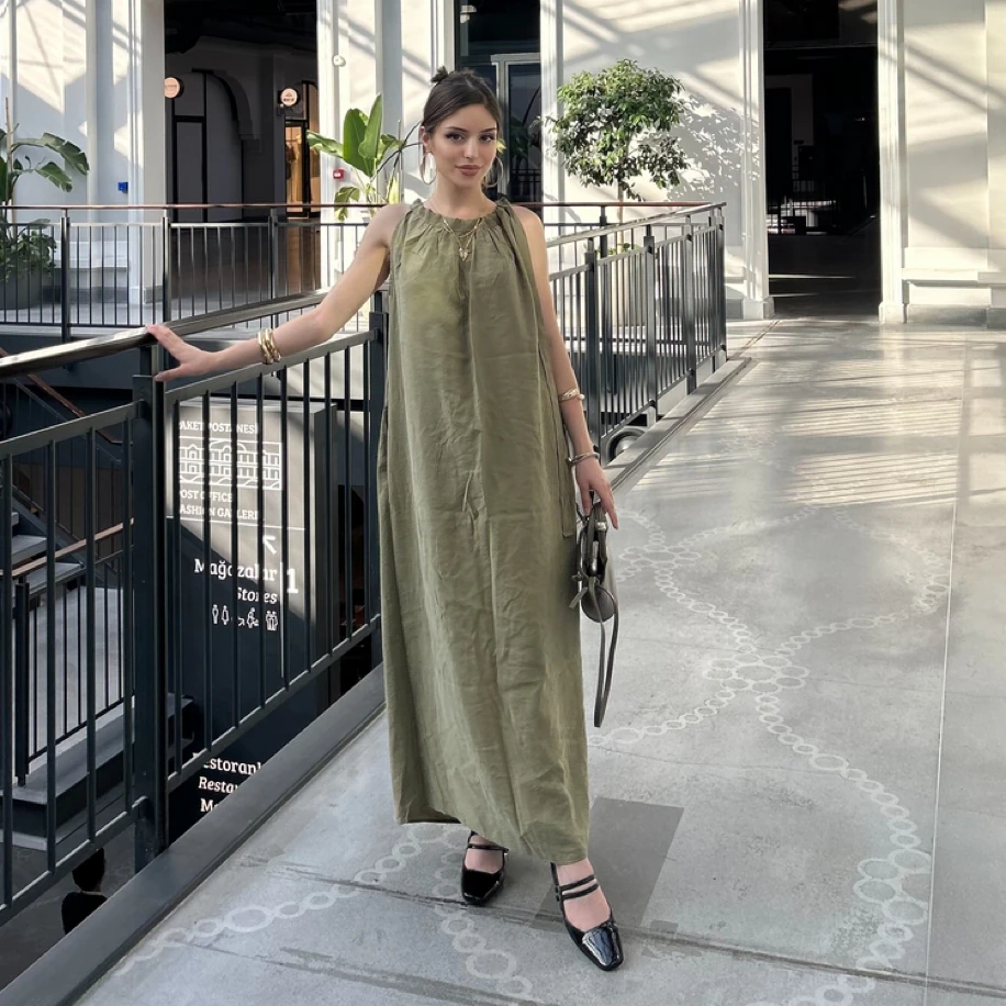 Haki Omuzdan Bağlamalı Elbise