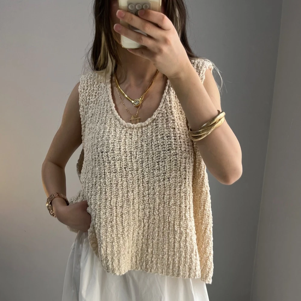 Knitle Rahat Kalıp Triko Crop - Bej