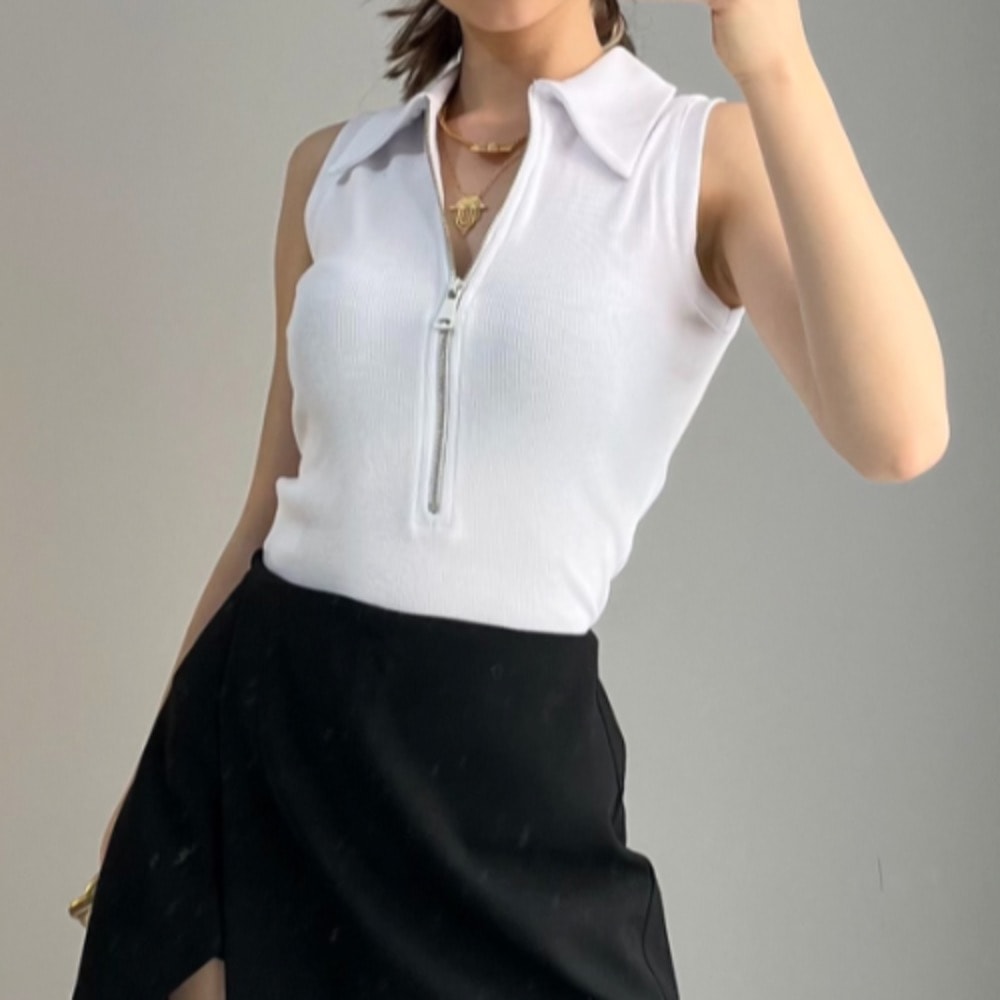 Fermuarlı Polo Yaka Body - Beyaz
