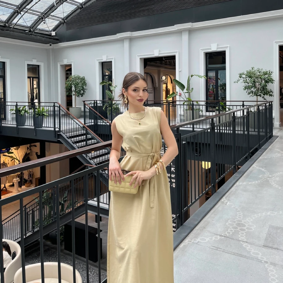 Lyocell Keten Sıfır Kol Kum Beji Elbise