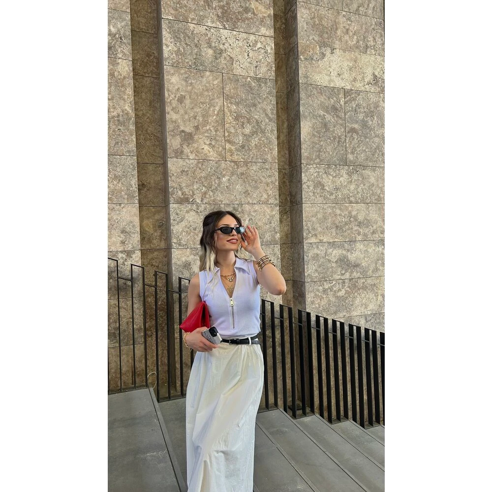 Fermuarlı Polo Yaka Body - Beyaz