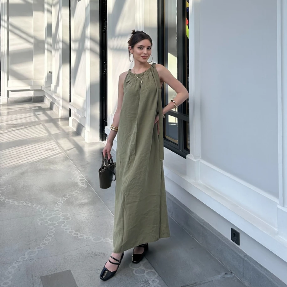 Haki Omuzdan Bağlamalı Elbise