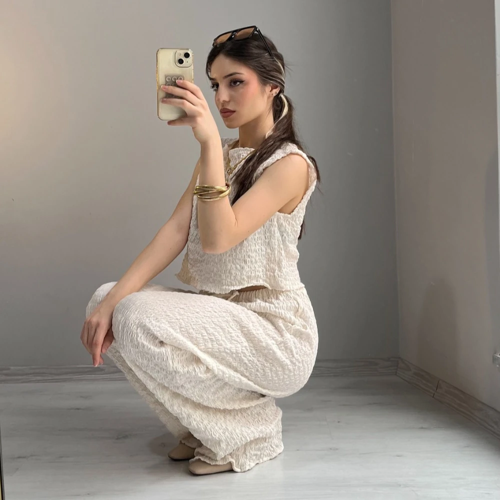 Kadın Krem Renk Şardonlu Dokulu İkili Takım