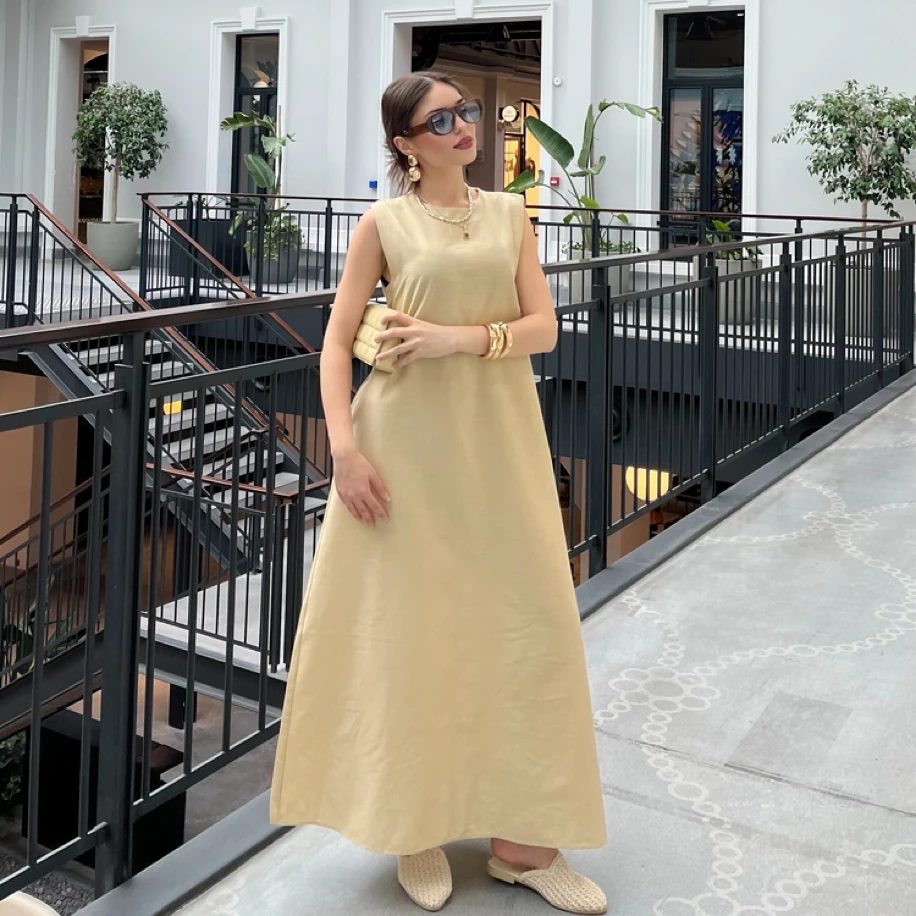 Lyocell Keten Sıfır Kol Kum Beji Elbise