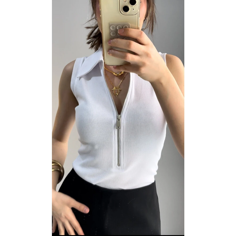 Fermuarlı Polo Yaka Body - Beyaz