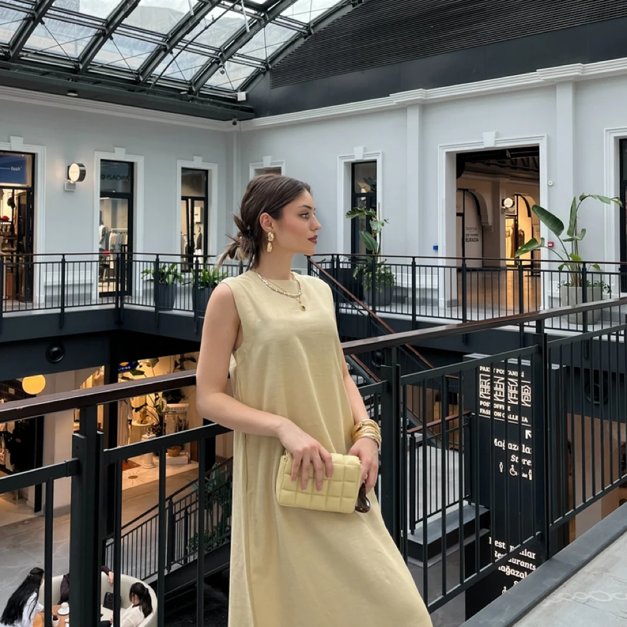 Lyocell Keten Sıfır Kol Kum Beji Elbise