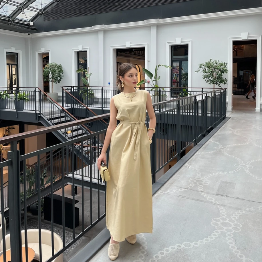 Lyocell Keten Sıfır Kol Kum Beji Elbise