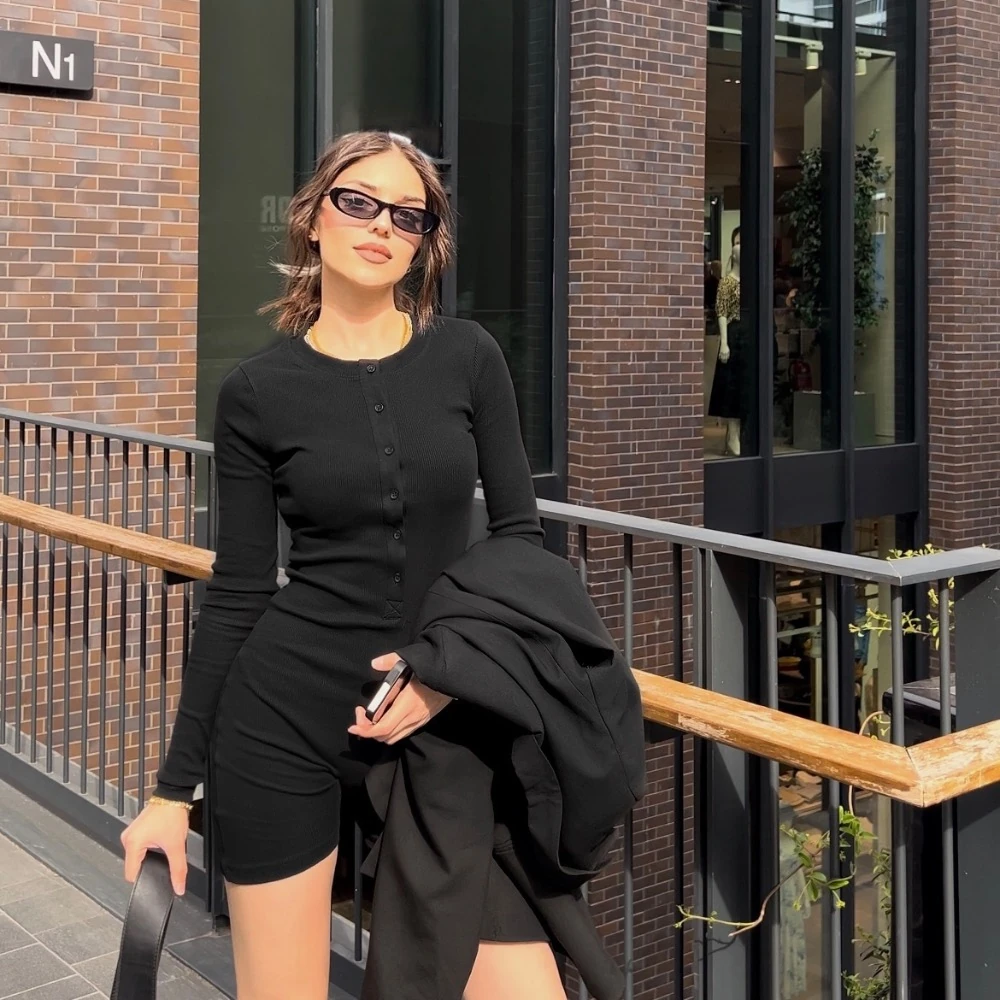 Uzun Kollu Siyah Örme Tulum