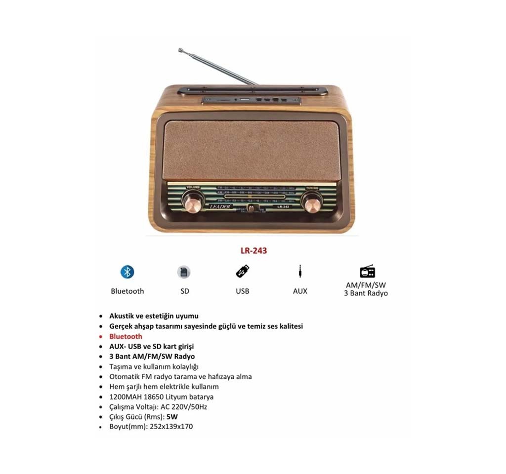 Lr-243 Radio,bt,usb,tf Retro Müzik Kutusu