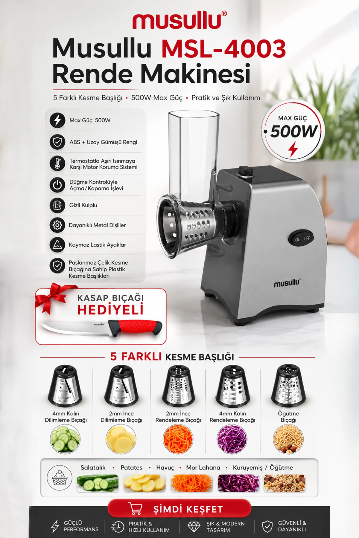 National NL-4013 Mutfak Şefi Stand Mikser - 1200W, 5L Çelik Hazne