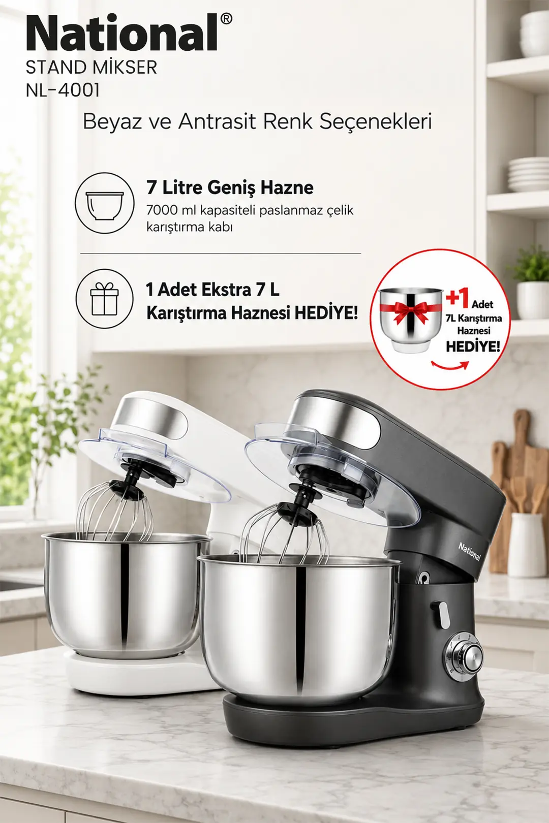 National NL-4001 Stand Mikser - 7 L Çelik Karıştırma Hazneli