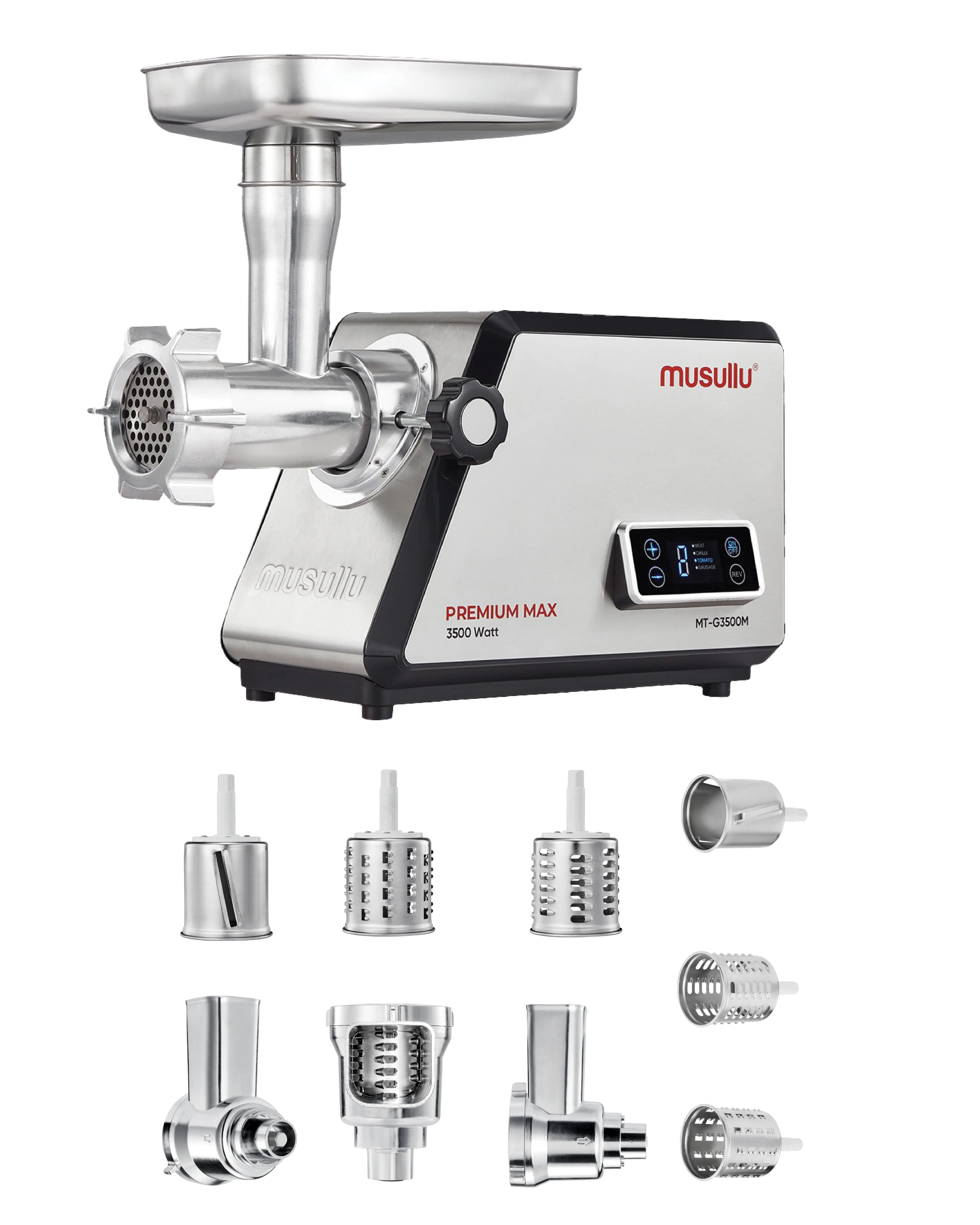 Musullu Premium Max 3500W Et Kıyma Makinesi – Dijital Ekranlı, Metal Dişlili, Rende ve Kıyma Aparatlı