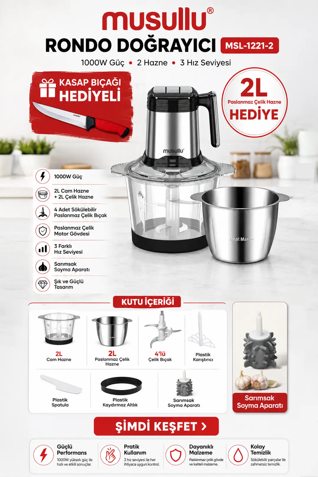 Billlie rxr DMC ツキ MSL-1221-2 1000W Çift Hazneli (Cam+Çelik) Rondo Doğrayıcı - Kasap
