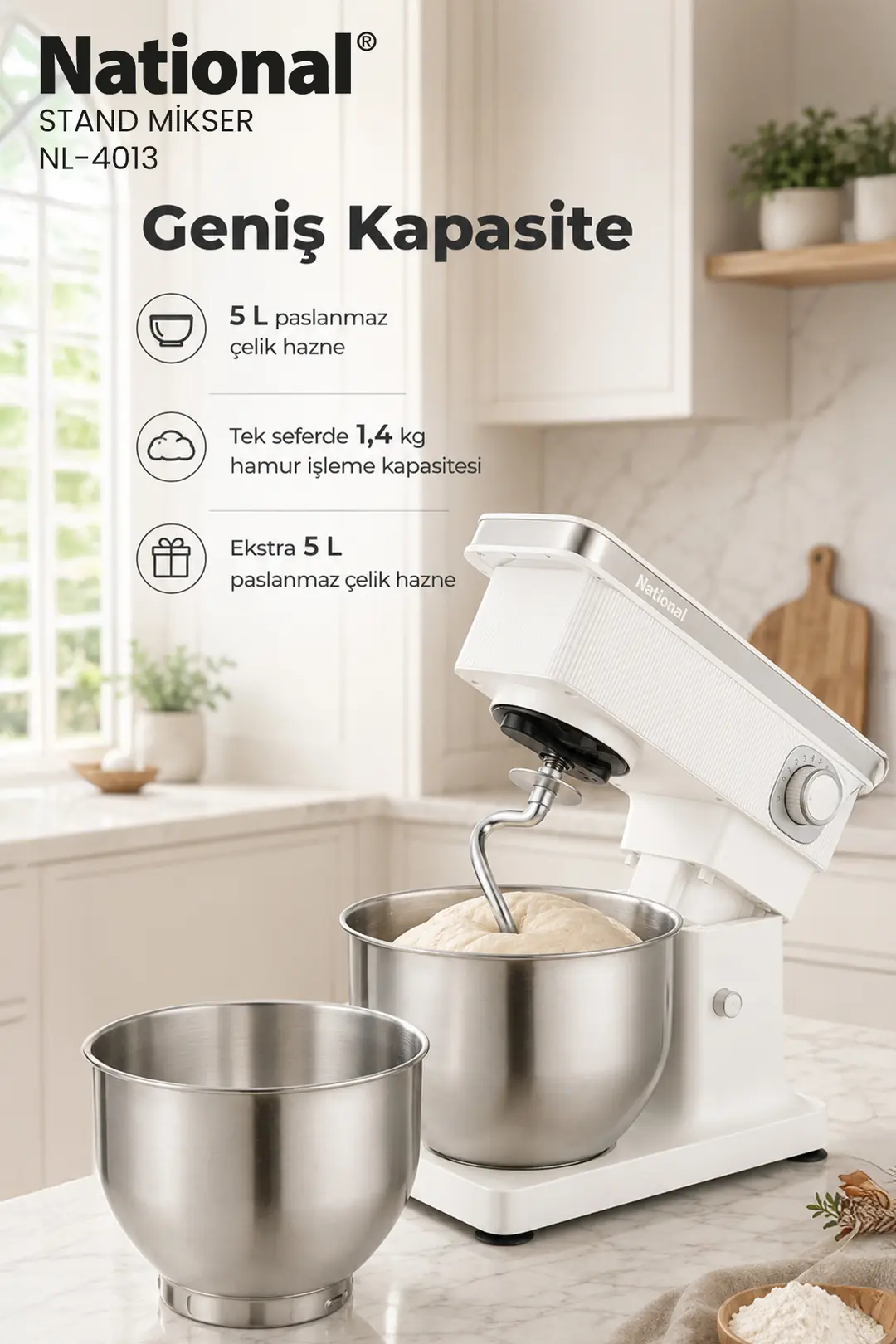 National NL-4013 Mutfak Şefi Stand Mikser - 1200W, 5L Çelik Hazne